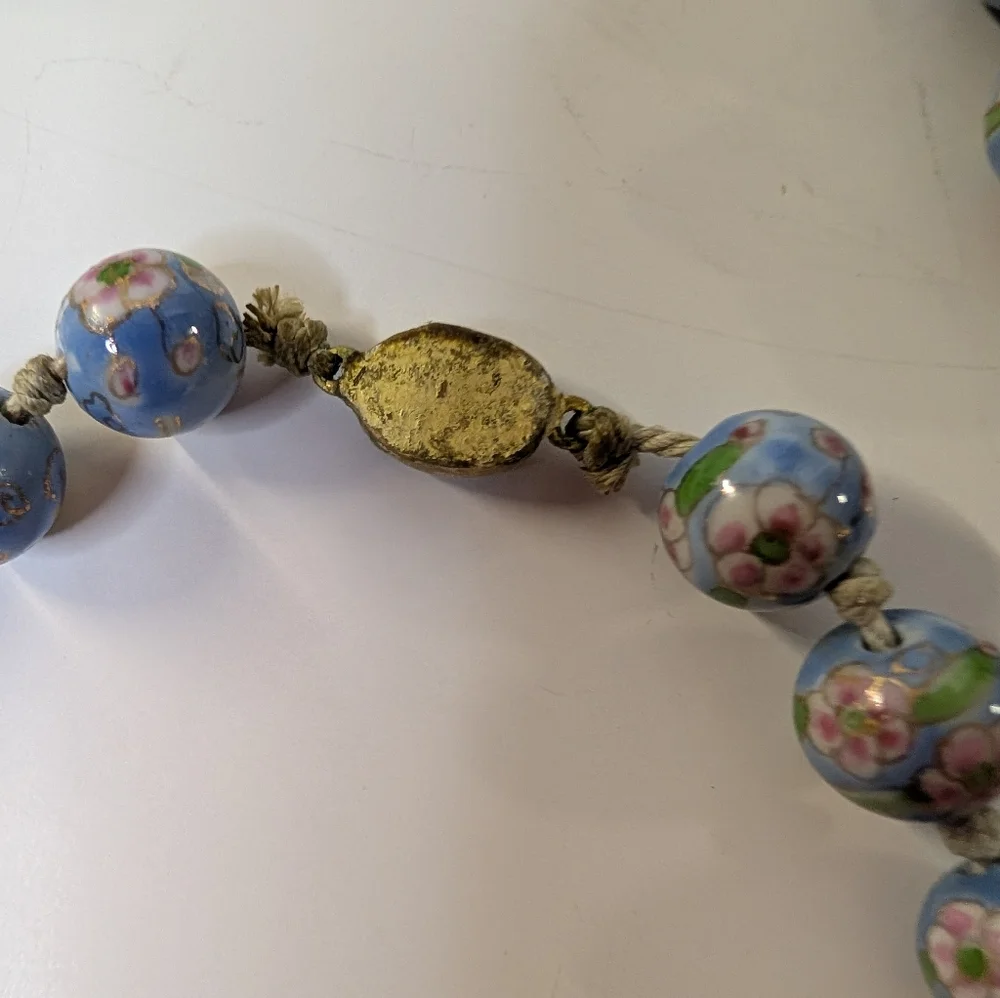 Vintage Necklace Asian Hand Knotted Blue Hand Painted Beads